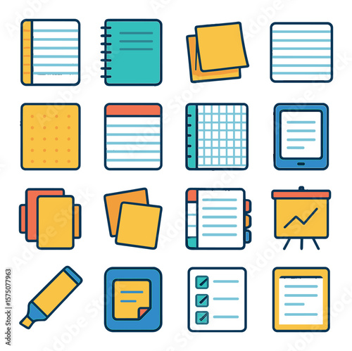 Note-taking tools modern flat .lined notebook, spiral notebook, sticky notes, index cards, bullet journal, lecture pad, graph notebook, digital tablet, tab dividers, post-it notes,