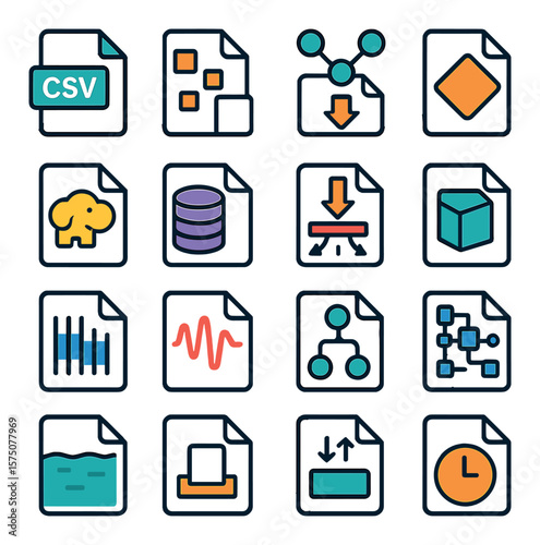 Big Data File Concepts modern flat . Large CSV icon, chunked file, distributed data, shard icon, Hadoop file, NoSQL file, map-reduce icon, data block icon, parallel file icon,