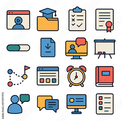 Online learning tools modern flat .video lecture, course folder, quiz icon, certificate, progress bar, assignment upload, webinar icon, whiteboard screen, learning path, content