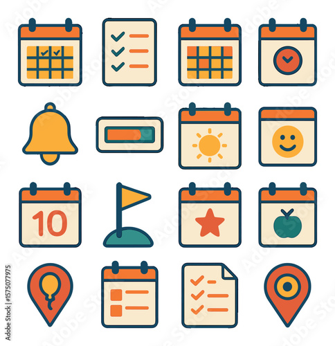 Academic calendar modern flat .monthly planner, to-do list, weekly grid, due date icon, bell reminder, progress bar, holiday icon, weekend note, school year countdown, milestone