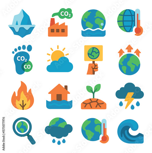 Climate Change modern flat .Melting iceberg, greenhouse gas icon, rising sea levels, thermometer with globe, carbon footprint, sun with cloud, climate strike symbol, global warming