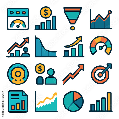 Business metrics modern flat .KPI dashboard, revenue icon, conversion funnel, bounce rate chart, user growth graph, retention curve, ROI icon, performance gauge, engagement score,