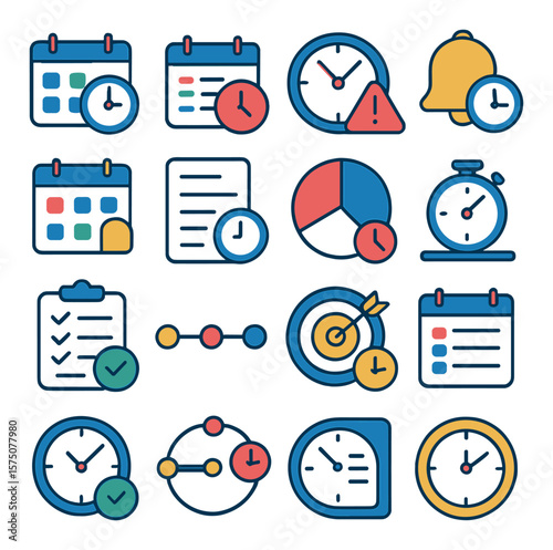 Time Management modern flat .Calendar clock, schedule planner, deadline icon, task reminder, event alert, time block, daily agenda, stopwatch with list, time pie chart, hour