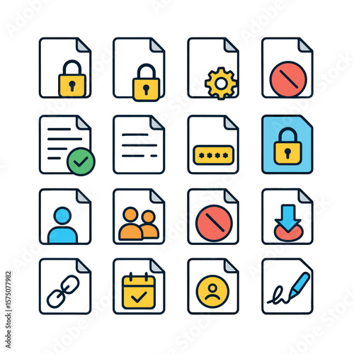 Security and Permissions modern flat .File lock, file unlock, permission settings, read-only mode, file access log, secure file icon, file password, encrypt icon, user access icon,