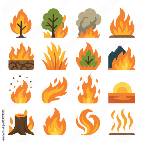 Wildfire nature scenes modern flat .burning tree, forest fire, smoke cloud, fire spread, scorched earth, dry grass, blazing bush, mountain fire, ash particles, fire trail, falling