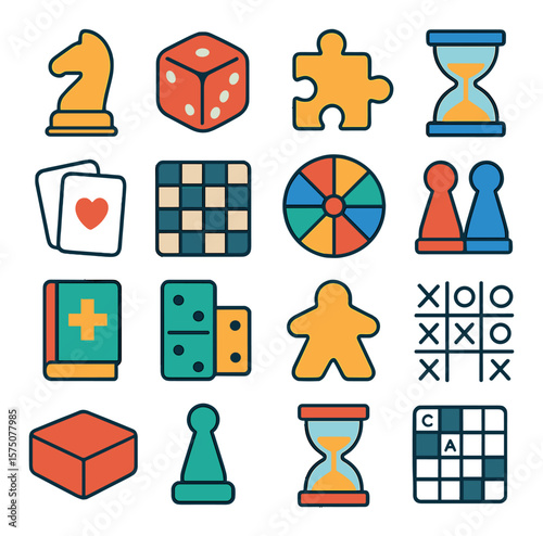 Board games and puzzles modern flat .chess piece, game die, puzzle piece, timer, card deck, checkers board, spinner wheel, game tokens, rulebook, domino, meeple, tic-tac-toe, board