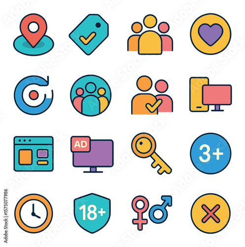 Ad Targeting Tools modern flat .Geo targeting, behavior tag, demographic icon, interest segment, retargeting icon, custom audience, lookalike icon, device targeting, platform