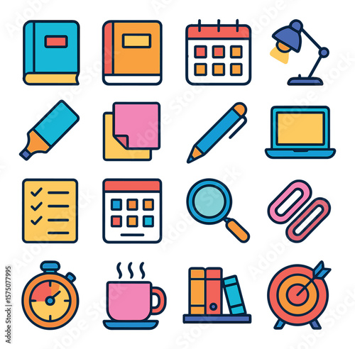 Study workflow modern flat .book, notebook, calendar, desk lamp, highlighter, sticky notes, pen, open laptop, checklist, timetable, magnifying glass, paper clips, study timer,