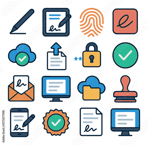 Digital Signature Workflow modern flat .Stylus pen, tablet with document, digital fingerprint, e-signature icon, cloud approval, upload document, encryption lock, verified