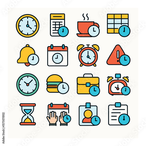Work & Office Time modern flat .Office wall clock, punch card, coffee break timer, shift schedule, meeting reminder, desk calendar with time, appointment clock, late alert, early