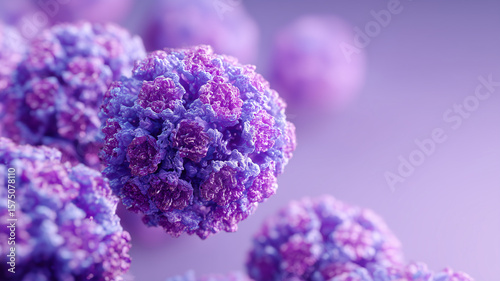 Vivid Viral Pathogen Micrograph of a spherical purple virus particle, illustrating contagious disease threat in scientific visual.
