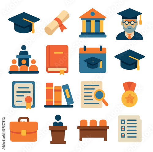 Higher Education modern flat .graduation cap, diploma scroll, university building, professor icon, lecture hall, thesis book, academic calendar, mortarboard, certificate, bookshelf