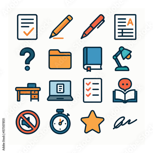 Homework tools modern flat .assignment sheet, pencil mark, red pen, grading rubric, question mark, subject folder, book icon, reading lamp, home desk, laptop screen, checklist icon