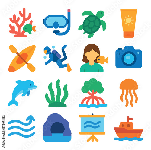 Marine Eco-tourism modern flat .Coral reef, snorkeling mask, sea turtle, reef-safe sunscreen, kayak, diving icon, marine biologist, underwater camera, dolphin, seagrass, mangrove