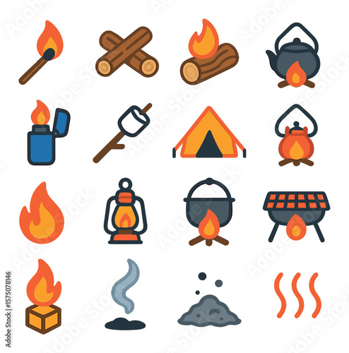 Campfire essentials modern flat .matchstick, firewood, burning log, campfire ring, lighter, marshmallow stick, tent, kettle on fire, lantern, camping pot, flame icon, cooking grill