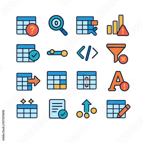 Data cleaning steps modern flat .missing value icon, null detector, duplicate remover, outlier warning, data validation check, standardize icon, format fixer, filter error, merge