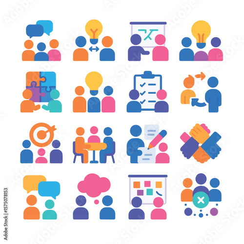 Team Collaboration modern flat .Group discussion, idea exchange, shared whiteboard, team brainstorming, collaborative puzzle, teamwork lightbulb, team checklist, joint task icon,
