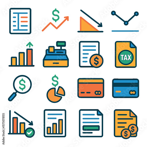 Accounting and finance modern flat .ledger sheet, income icon, balance chart, expense line, revenue bar, cash register, invoice document, tax file, audit symbol, net profit, debit