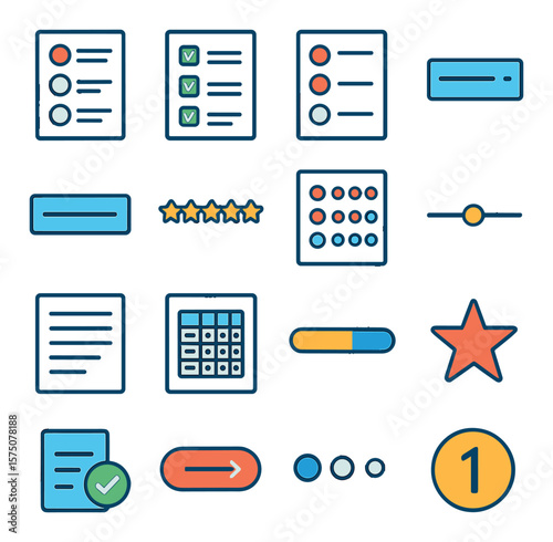 Survey Forms and Layouts modern flat .Multiple choice form, checkbox list, radio buttons, dropdown field, text input, rating scale, Likert scale, slider input, open-ended question,
