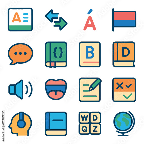 Language learning modern flat .vocabulary card, translation arrows, accent mark, flag icon, speech bubble, grammar book, flashcard, dictionary, audio icon, pronunciation guide,