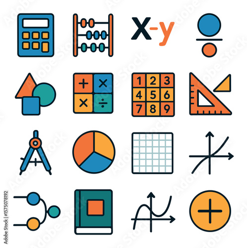 Mathematical learning modern flat .calculator, abacus, equation icon, fraction icon, geometry shapes, math symbols, number grid, ruler, compass, pie chart, graph paper, x-y axis,