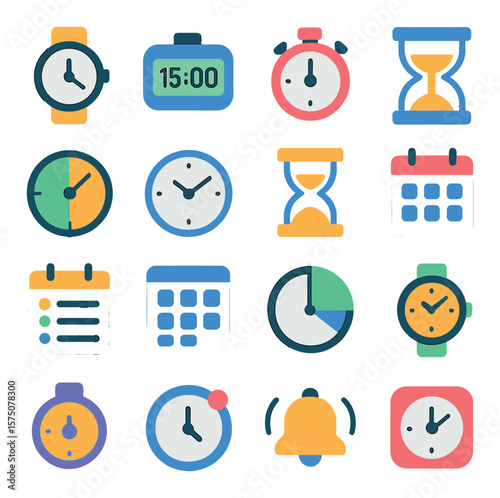 Time tracking tools modern flat .wristwatch, digital timer, stopwatch, hourglass, countdown dial, wall clock, sand timer, calendar icon, daily planner, time grid, pie chart clock,