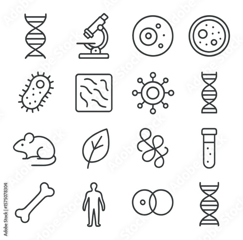 Biology research line art icons. DNA strand, microscope, cell icon, petri dish, bacteria symbol, tissue sample, nucleus structure, genetic code, lab mouse, plant leaf, protein