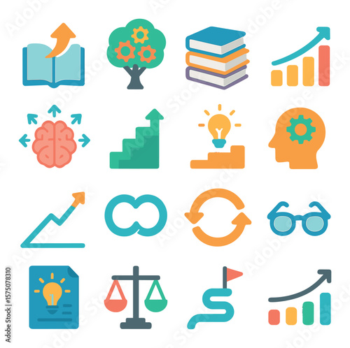 Knowledge growth modern flat .book with arrow, tree with gears, layered books, rising bar chart, expanding brain, stairs upward, lightbulb steps, experience icon, graph with star,