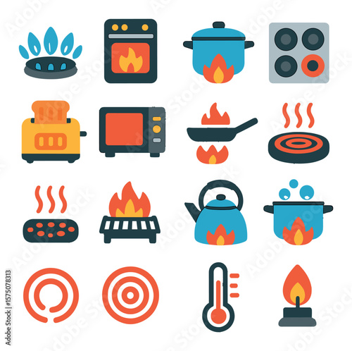 Kitchen heat sources modern flat .gas burner, oven flame, cooking pot on fire, stovetop, toaster heating, microwave icon, pan on flame, hotplate, steam vent, grill, heated kettle,