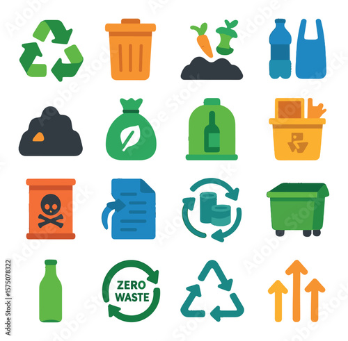 Recycling & Waste Management modern flat .Recycle symbol, trash bin, compost icon, plastic sorting, landfill icon, eco trash bag, glass recycling, electronics bin, hazardous waste,
