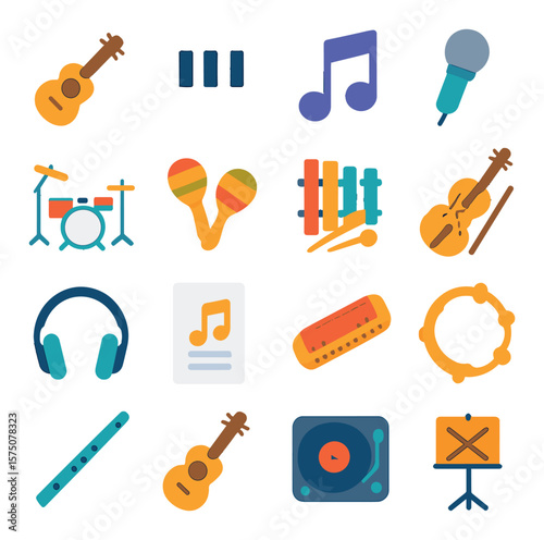 Music and instruments modern flat .guitar, piano keys, music note, microphone, drum set, maracas, xylophone, violin, headphones, music sheet, harmonica, tambourine, flute, ukulele,