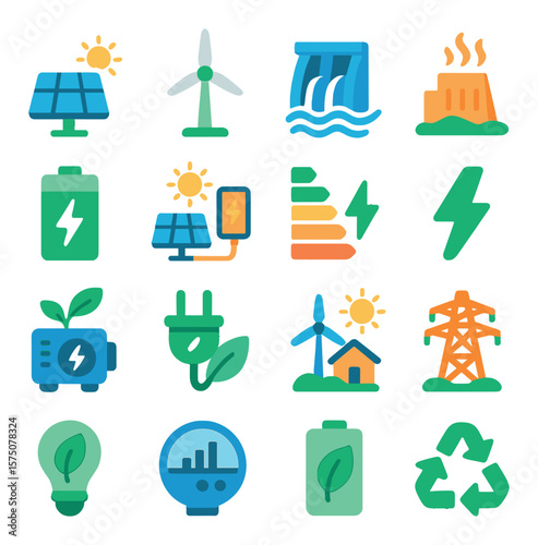 Sustainable Energy modern flat .Solar panel, wind turbine, hydroelectric dam, geothermal icon, battery storage, solar charger, energy efficiency, green lightning bolt, eco