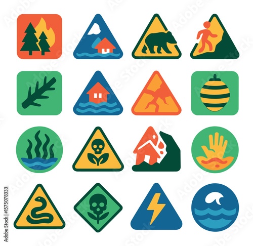 Nature & Environment Alerts modern flat .Forest fire symbol, avalanche warning, wildlife danger, cliff edge sign, falling tree alert, flash flood warning, unstable ground, wasp