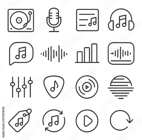 Music-based podcast elements line art icons. record player, musical mic, playlist icon, headphone note, song snippet, music waveform, beat bar, vocal track, soundboard, intro theme