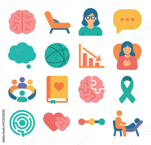 Mental Health & Psychology modern flat .Brain icon, therapy chair, psychologist icon, speech bubble, thought cloud, stress ball, depression chart, self-care icon, support group,