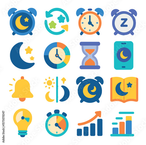 Sleep & Routine modern flat .Bedtime clock, sleep cycle icon, morning alarm, snooze clock, night mode, daily routine clock, nap timer, sleep hourglass, bedtime reminder, wake-up