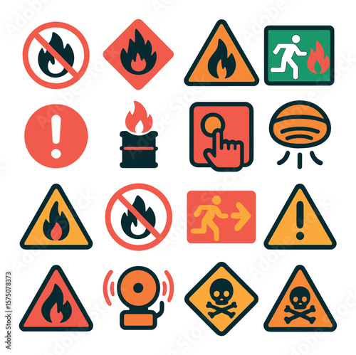 Fire safety signs modern flat .no fire symbol, flammable sign, caution flame, fire exit, danger alert, chemical fire icon, emergency button, smoke alarm icon, safety label, high