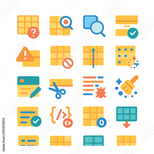 Data cleaning tools modern flat .missing value icon, outlier detection, duplicate finder, field validator, incorrect format warning, blank row remover, value standardizer, data