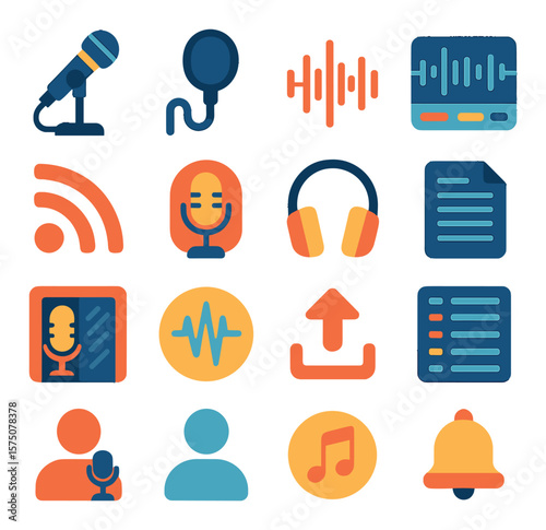 Podcasting elements modern flat .mic stand, pop filter, waveform, audio track, RSS icon, podcast icon, headphones, script icon, recording booth, edit audio icon, publish icon,