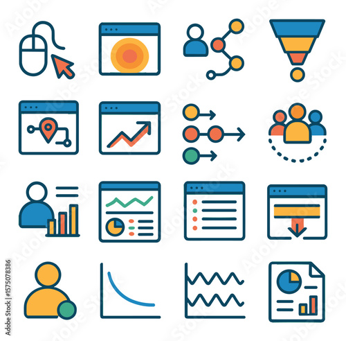 User Behavior Analytics modern flat .Clickstream icon, heat zone, user session path, funnel journey, event tracking, bounce rate icon, conversion path, audience segments,