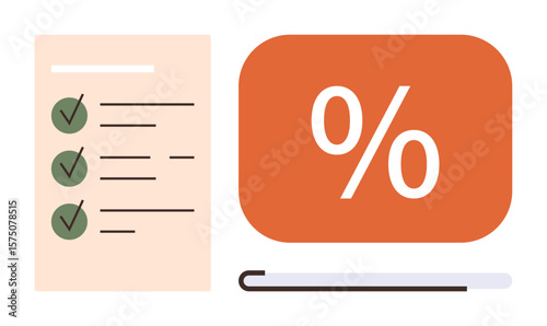 Checklist with green checkmarks for task completion next to percentage sign showing calculations or progress. Ideal for productivity, analytics, business, education, finance, planning, and goals