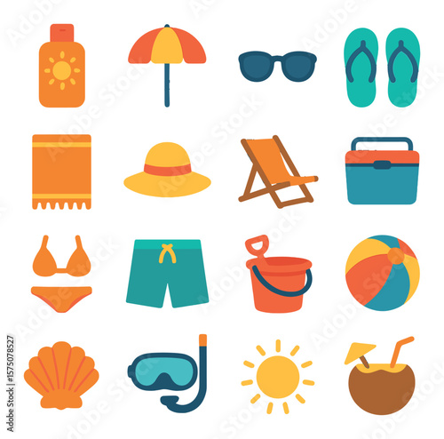 Beach Essentials modern flat .Sunscreen bottle, beach umbrella, sunglasses, flip-flops, beach towel, sunhat, beach chair, cooler box, bikini icon, swim trunks, sand bucket, beach