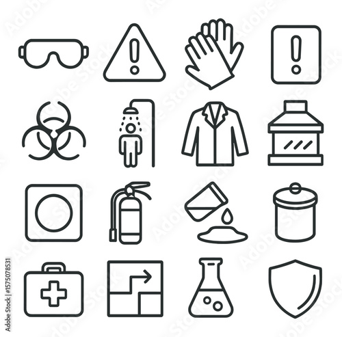 Laboratory safety line art icons. goggles icon, hazard triangle, gloves symbol, warning label, biohazard icon, emergency shower, lab coat, fume hood, safety sign, fire extinguisher