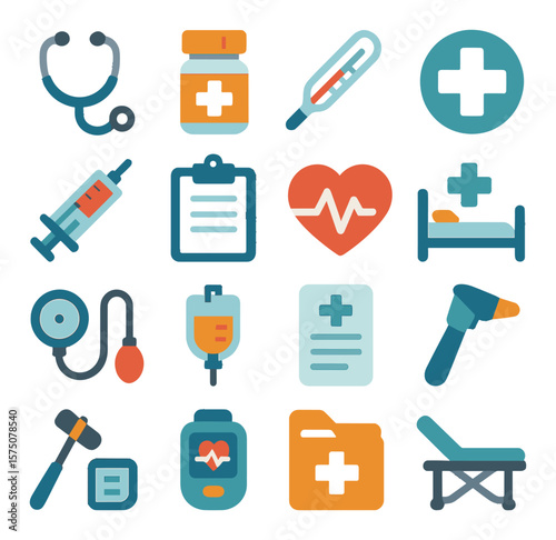 General Medicine modern flat .Stethoscope, pill bottle, thermometer, medical cross, syringe, clipboard, heart monitor, hospital bed, blood pressure cuff, IV drip, medical chart,