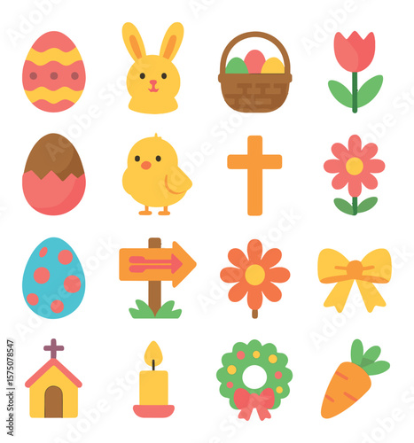 Easter Celebration modern flat .Easter egg, bunny, basket, tulip, chocolate egg, chick, cross, spring flower, painted egg, egg hunt sign, daisy, ribbon, church icon, candle,