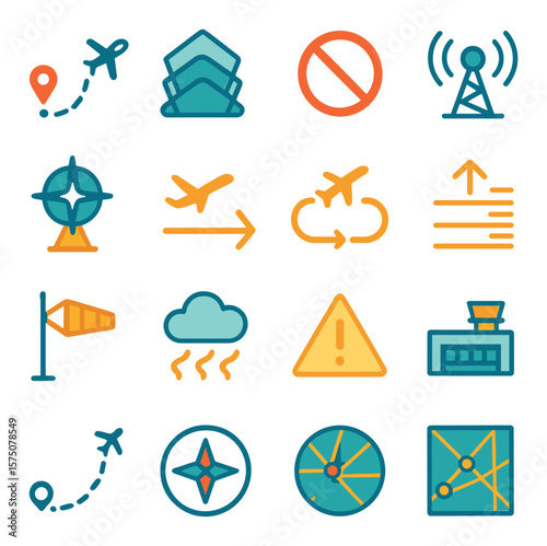 Aerial navigation modern flat .flight path, waypoint, airspace zones, restricted area, navigation beacon, VOR station, approach pattern, holding pattern, altitude levels, wind