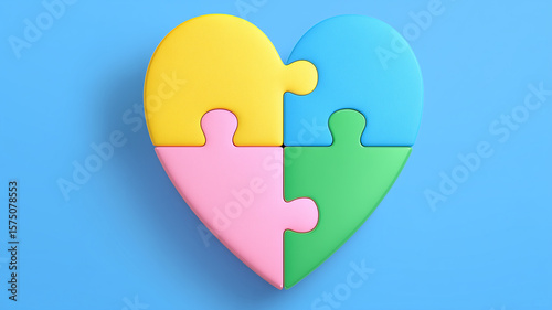 A vibrant Autism Awareness concept illustrated by colorful interlocking puzzle pieces forming a heart, representing inclusion and compassionate support.
