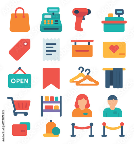 Retail store essentials modern flat .shopping bag, cash register, barcode scanner, checkout counter, price tag, receipt, store sign, loyalty card, open sign, sale banner, hangers,