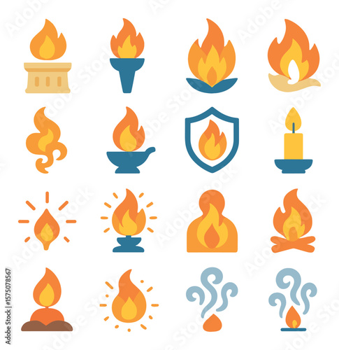 Fire symbolism in culture modern flat .eternal flame, sacred torch, spirit fire, rebirth flame, purification smoke, light of truth, guardian fire, temple candle, ceremonial spark,