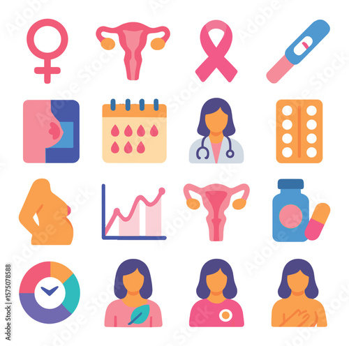 Women's health modern flat .female symbol, uterus, breast cancer ribbon, pregnancy test, mammogram, menstrual calendar, gynecologist icon, birth control pills, baby bump, hormone